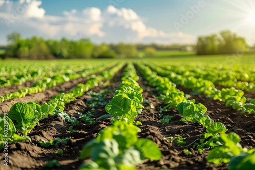 Field of young green lettuce plants growing in neat rows under a blue sky, illuminated by the sunlight, symbolizing fresh agriculture.