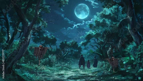  Illustration of a mysterious forest on Halloween night, with moonlight reaching a path traversed by strangely dressed and masked figures. seamless looping time-lapse animation video background	 photo