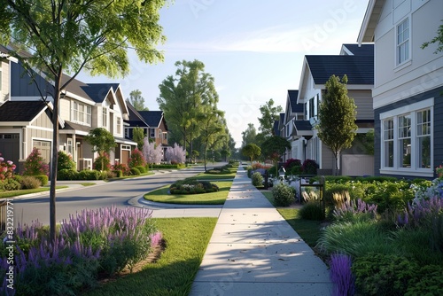 Beautiful suburban neighborhood street with well-kept lawns, modern houses, and lush greenery under a clear sky. photo