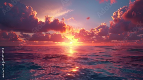 A breathtaking sunset over the ocean with vibrant clouds and serene waters, capturing the beauty of nature at dusk. photo