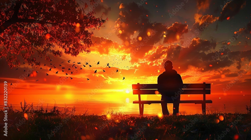 Man Relaxing on a Bench in Nature During a Beautiful Outdoor Sunset Scene Man Relaxing on a Bench in Nature During a Beautiful Outdoor Sunset Scene