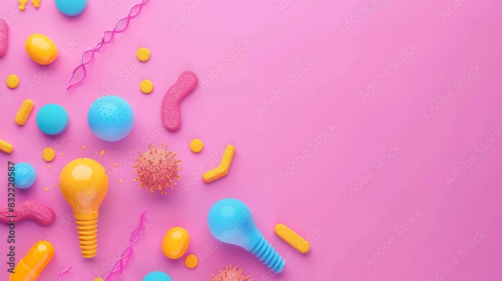 Colorful 3D Rendered Light Bulbs and Bacteria on Pink Background for Science, Education, and Medical Concepts