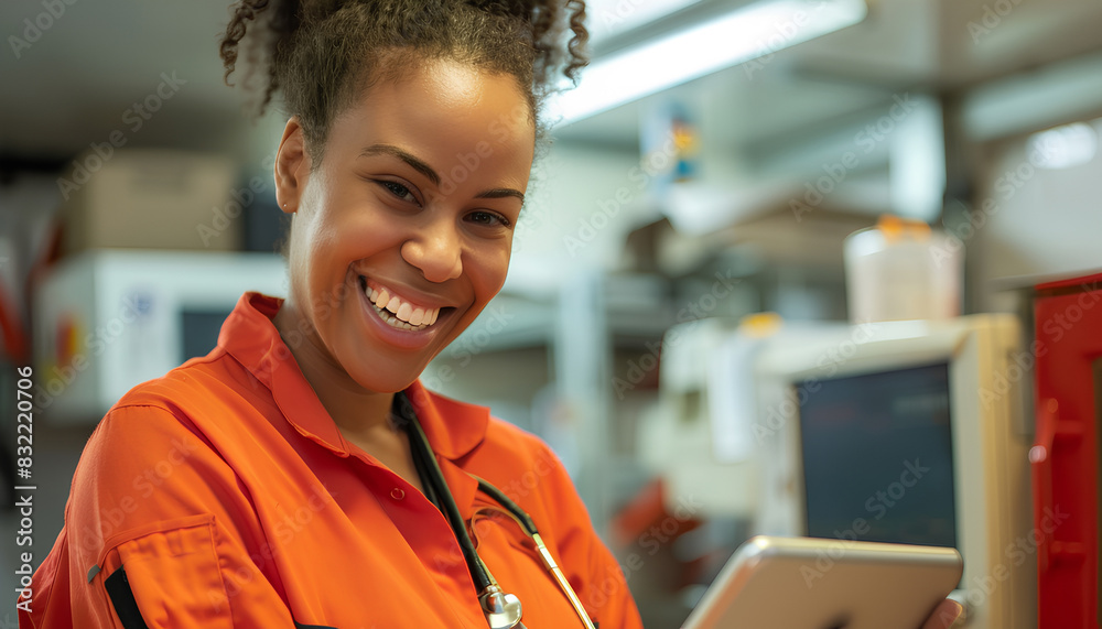 smiling female paramedic with tablet in clinic smiling female paramedic with tablet in clinic