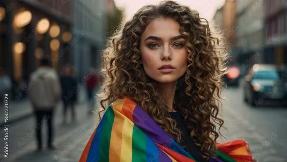 Beautiful girl with a rainbow flag on the street Beautiful girl with a rainbow flag on the street