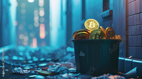 Bitcoin in the Trash. Animated 3D Graphic photo