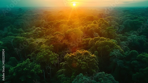 AI Generated Image of Beautiful Green Amazon Forest Landscape at Sunset - Adventure Explore Drone View Vibe