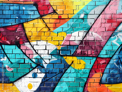 This graffiti art piece pops with bright colors and geometric shapes on a brick wall background