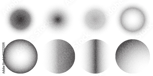 Abstract black stipple gradient halftone circle textures isolated on a white background. Geometric noise circle patterns made of simple dots and grains. Vector illustration