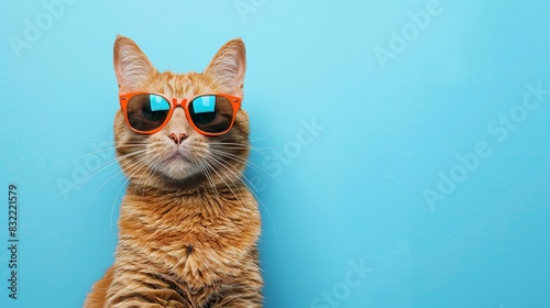 A cat wearing sunglasses and standing in front of a blue wall. The cat is wearing orange sunglasses and he is posing for a photo