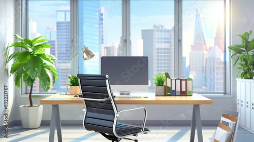 Vector illustration of a front view of a modern, empty office. Isolated on a cityscape are a table, chair, desk, computer, desktop, books, plant, lamp, and trash can. © Zahid