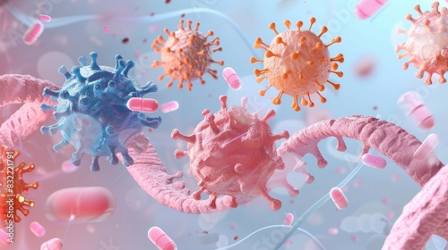 A 3D rendering of colorful virus cells in a pink and blue background with pink capsules floating around.