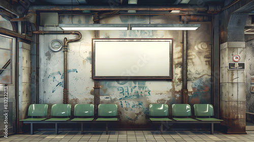 A vividly textured subway station with blank advertisement space on wall