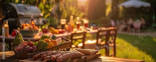 Charming outdoor dining setup with grilled delights and fresh produce, basking in the warm glow of a sunset, perfect for a summer gathering. photo