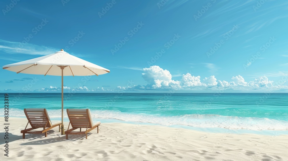 Beautiful beach with single white beach umbrella with two wooden chairs
