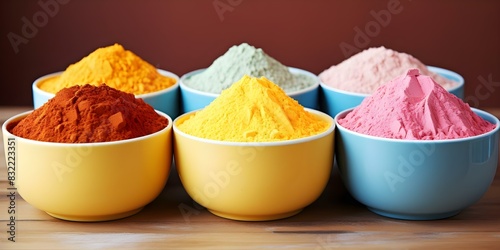 Vibrant Holi Festival Powder in Bowls on Yellow Background with Space for Text. Concept Holi Festival, Vibrant Colors, Yellow Background, Space for Text, Colorful Powder photo