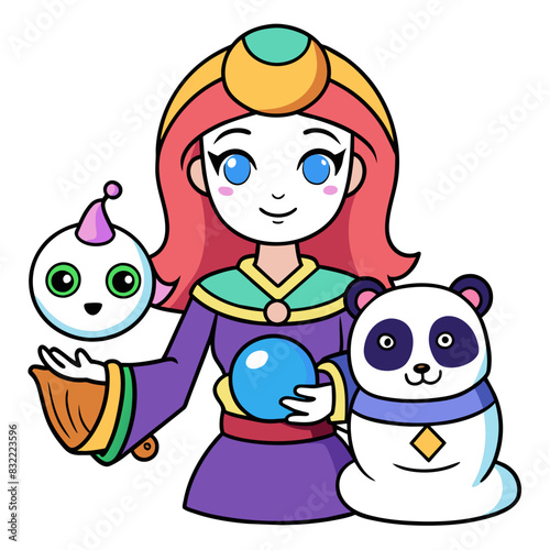 Mystical Oracle Girl A mystical oracle girl with a crystal ball, holding a mystical drink, with a fortune-telling cat and an oracle panda