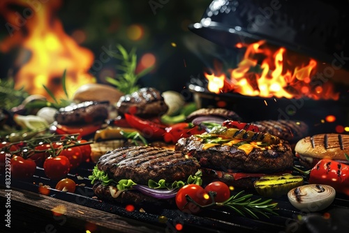 A lively outdoor barbecue grill filled with delicious meats, vegetables, and herbs, surrounded by a warm fire, perfect for a summer gathering.