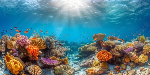 Underwater marine reef with vibrant coral  sunbeams illuminating tropical fish in the clear blue ocean.