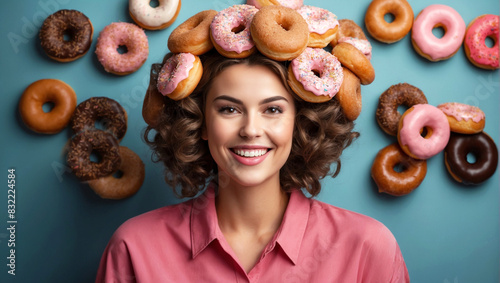 fun concept with woman and donuts in her hair, photorealistic illustration of humorous concept I love donuts