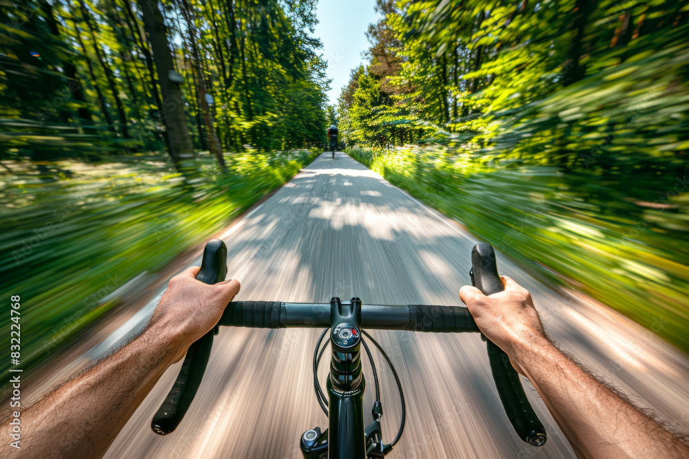 Naklejka premium POV perspective of a cyclist with hand on handlebars riding through a forest at speed