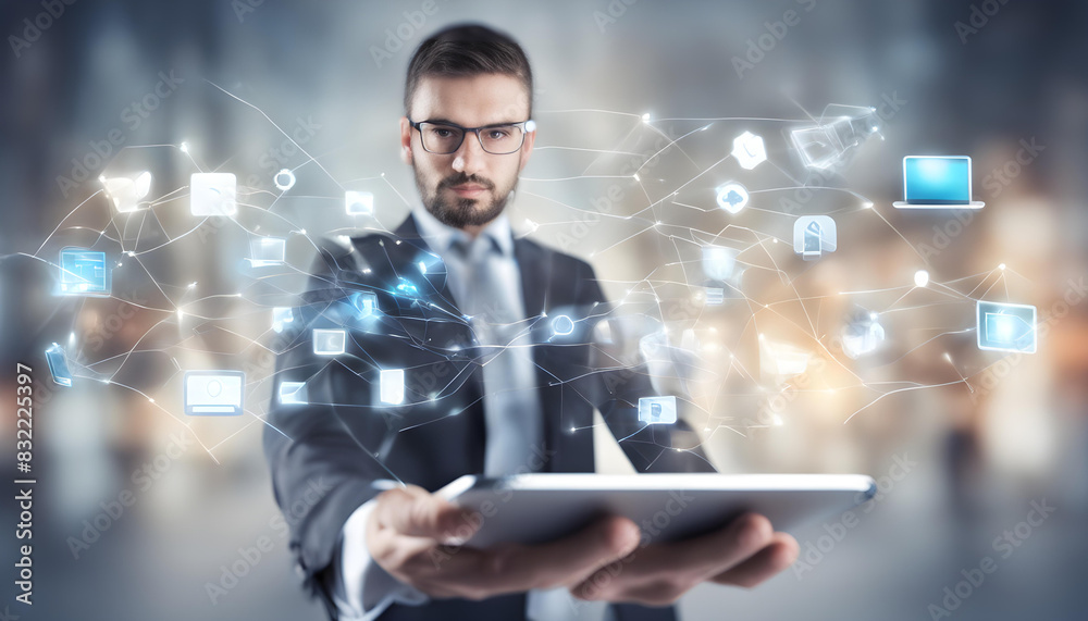 Businessman on blurred background connecting tech devices 3D rendering Businessman on blurred background connecting tech devices 3D rendering