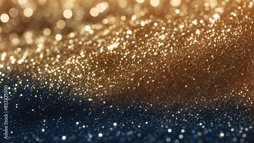 Close-up of golden glitter particles creating a mesmerizing, sparkling effect with a blurred background. The glitter shines brilliantly, capturing the light and creating a dazzling visual display