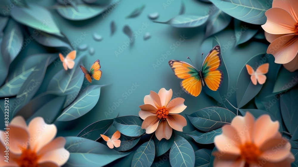 Obraz premium Digital illustration of orange butterflies and flowers with teal leaves, creating a serene and vibrant nature scene.