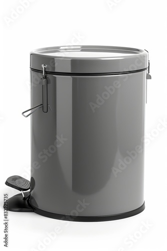 Isolated on white, a foot pedal waste bin made of gray steel