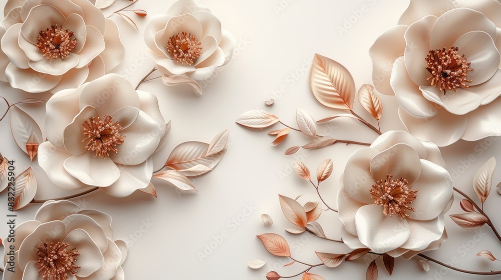 Elegant 3D floral arrangement with white and peach flowers and leaves on a soft background, perfect for decor, design or creative projects. Elegant 3D floral arrangement with white and peach flowers and leaves on a soft background, perfect for decor, design or creative projects.