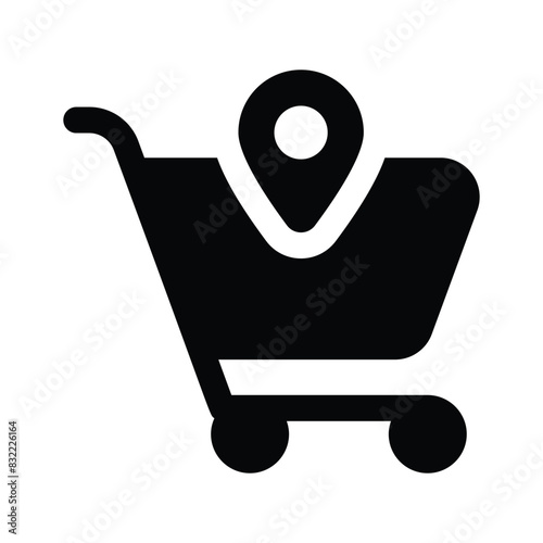 Shopping cart with map pointer denoting concept icon of shopping location