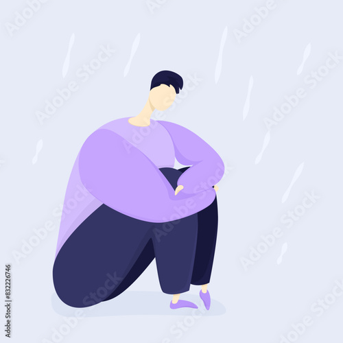 Vector drawing depicting a sad man in a lilac sweater sitting on the floor. 