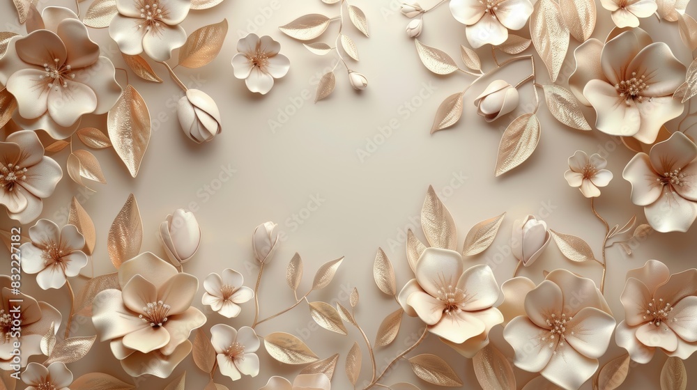 Elegant floral background with delicate white and beige flowers and leaves arranged in a border, creating a calming and sophisticated design. Elegant floral background with delicate white and beige flowers and leaves arranged in a border, creating a calming and sophisticated design.
