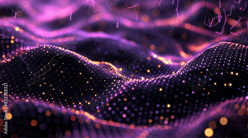 This image visualizes a dynamic, abstract digital landscape or waveform with glowing purple and pink lights and particles