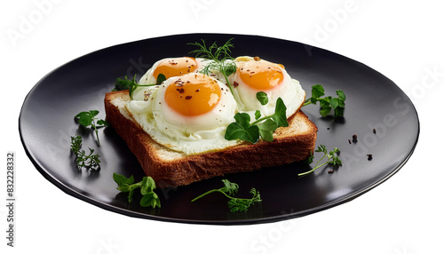 Fried eggs in a spicy tomato sauce on black plate isolated on transparent background