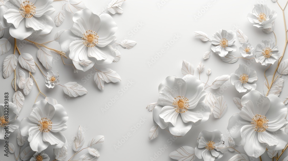 Fototapeta premium Elegant white floral background with delicate flowers and petals, perfect for decorative and artistic design projects.
