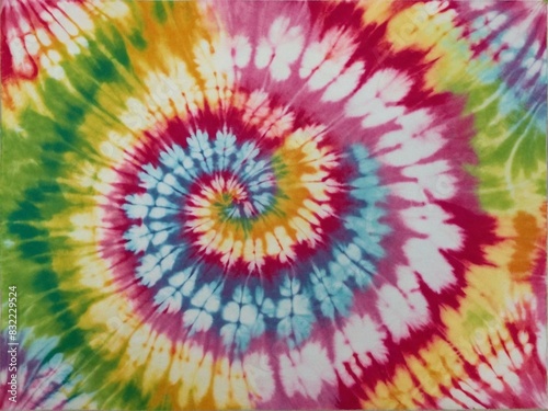 This tie-dye spiral bursts with multicolored hues  showcasing a lively mix of creativity and color theory