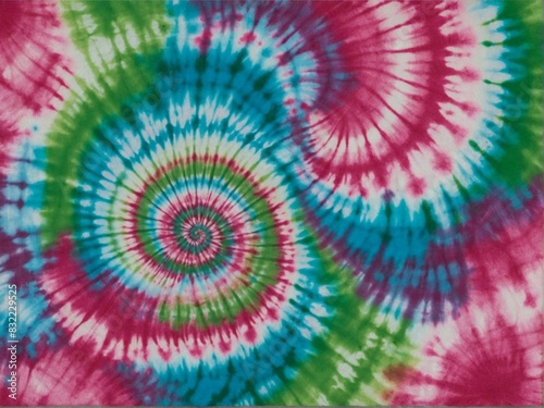 A dynamic green and pink tie-dye spiral pattern conveys energy and a freewheeling artistic spirit