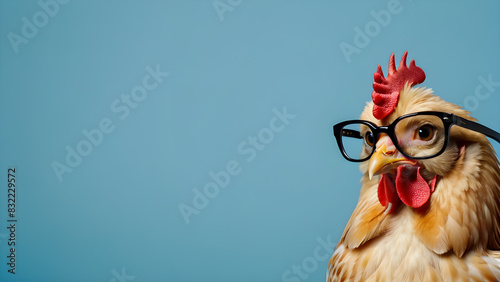 a chicken with glasses on his head is looking at the camera. photo