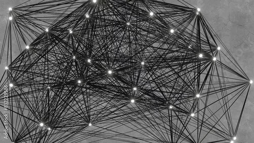 Black line connecting glowing white dots forming an interconnecting network and plexus on concrete wall background. 3D rendering as looping animation for networking and AI neural network topics
