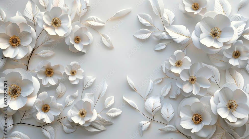 Elegant white paper flowers and leaves on a light background, perfect for wedding invitations, decor, and craft projects. Elegant white paper flowers and leaves on a light background, perfect for wedding invitations, decor, and craft projects.