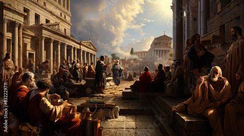 A historic forum with an engaging orator and an attentive audience in ancient Rome