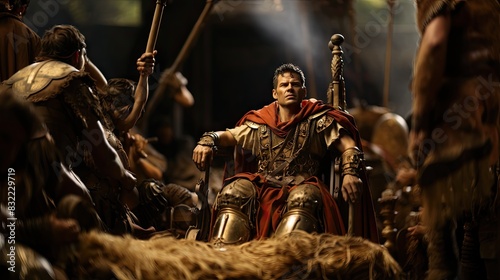 An ancient Roman commander sits pensively, surrounded by his soldiers and regalia