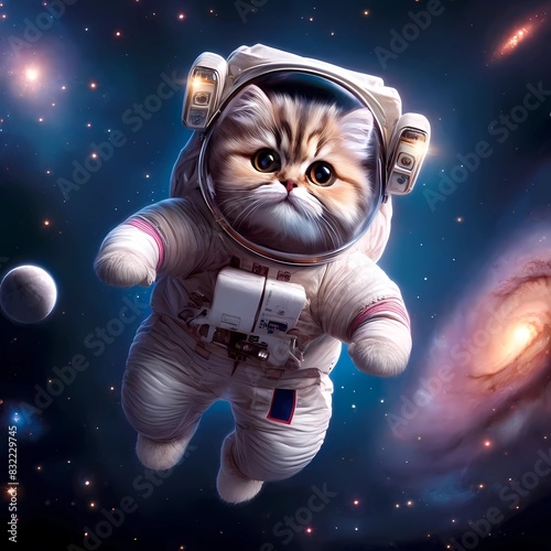 cute kitten astronaut floating in outer space, wearing an astronaut suit