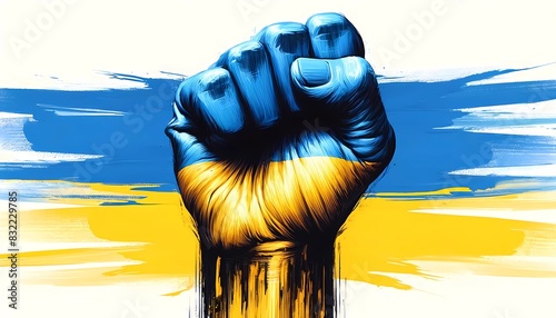 hand-painted depiction of the Ukrainian flag clenched into a fist, symbolizing strength, unity, and resilience
