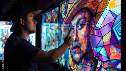 A digital muralist using a large interactive public screen to compose a vibrant street art piece, blending traditional styles with modern digital techniques. photo