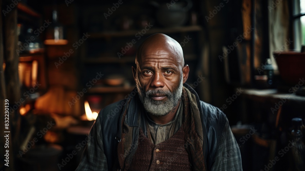 A portrait of an elderly man with a grey beard, deep set eyes, and a contemplative gaze in a rustic setting A portrait of an elderly man with a grey beard, deep set eyes, and a contemplative gaze in a rustic setting
