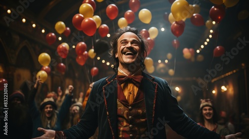 Joyful man in a red vest celebrates with arms wide open amid a crowd with balloons in a festive atmosphere