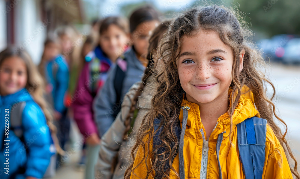 Smiling Students Lined Up at Elementary School Wearing Backpacks Outdoors Morning Happy Kids Education Smiling Students Lined Up at Elementary School Wearing Backpacks Outdoors Morning Happy Kids Education