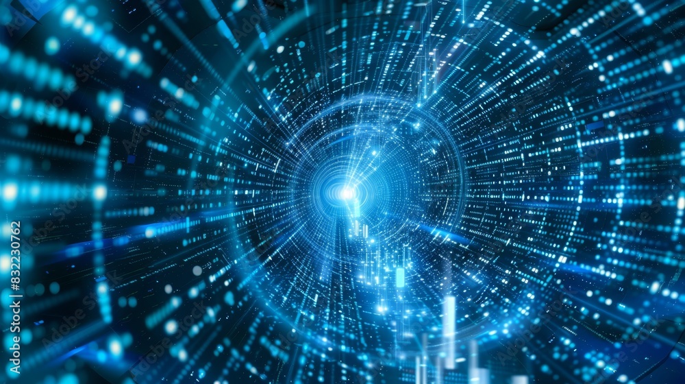 Futuristic Blue Data Tunnel with Digital Binary Code Streaming