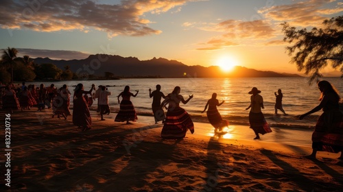 A group of individuals are silhouetted against a vibrant sunset on the beach while performing a dance ritual © AS Photo Family
